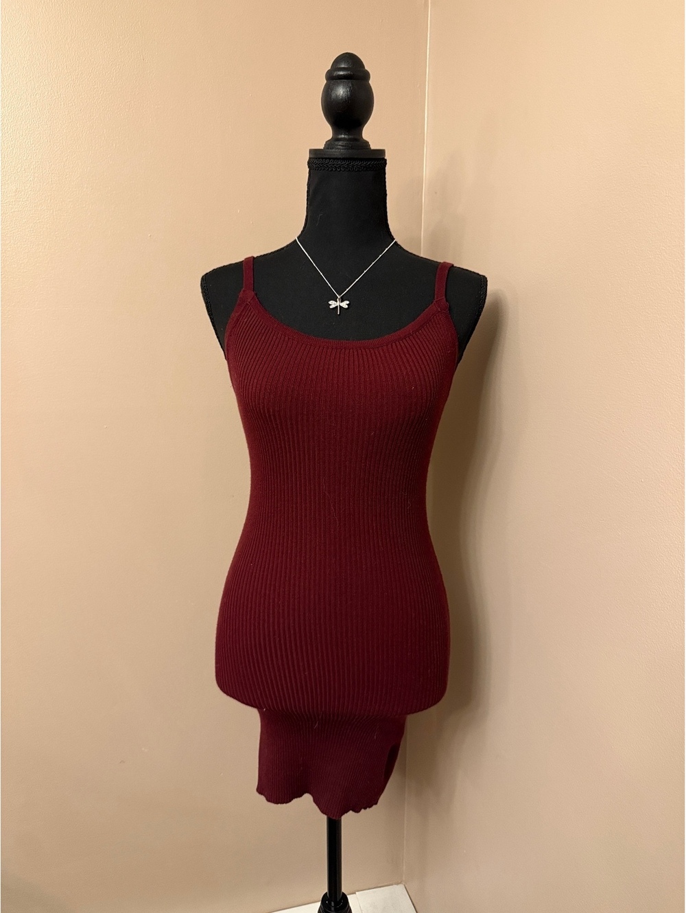 Forever 21 Grungy Burgundy Ribbed Knit Tank Dress with Lace-Up Back